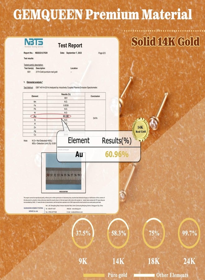 GEMQUEEN 14K Gold Nose Rings Studs : Solid Gold 18G Straight Nose Rings Simulated Diamond CZ Nose Studs Hypoallergenic Nose Piercings for Women Men 3mm - Image 2